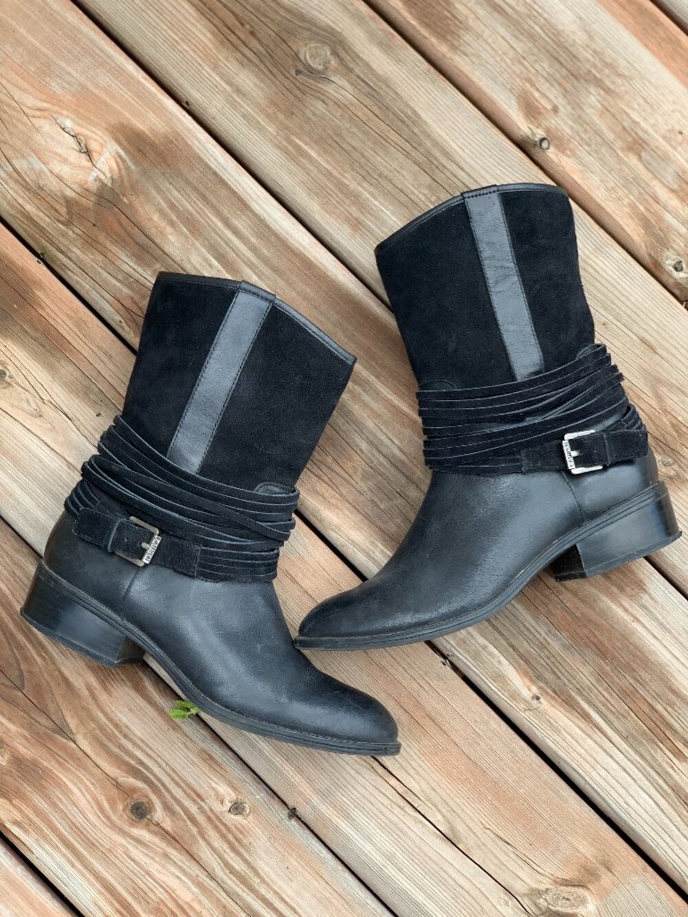 Lauren Ralph Lauren Ankle Boots 7 Black Leather Suede Buckle Side Zip Low Heel
